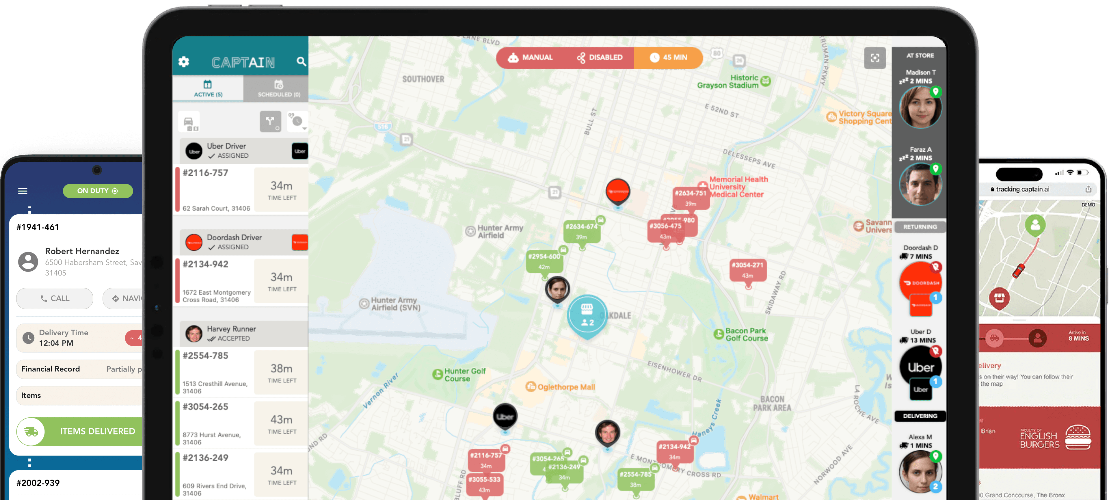 Captain suite of apps, left to right: tracking page on iPhone, Dispatch app on iPad, Driver app on iPhone